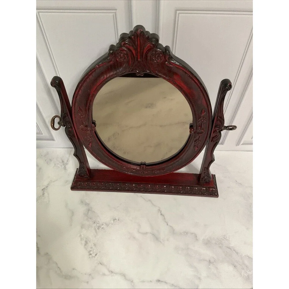 Victorian Ornate Oval Swivel Standing Mirror Vanity Display. 14”H x 13.25”L